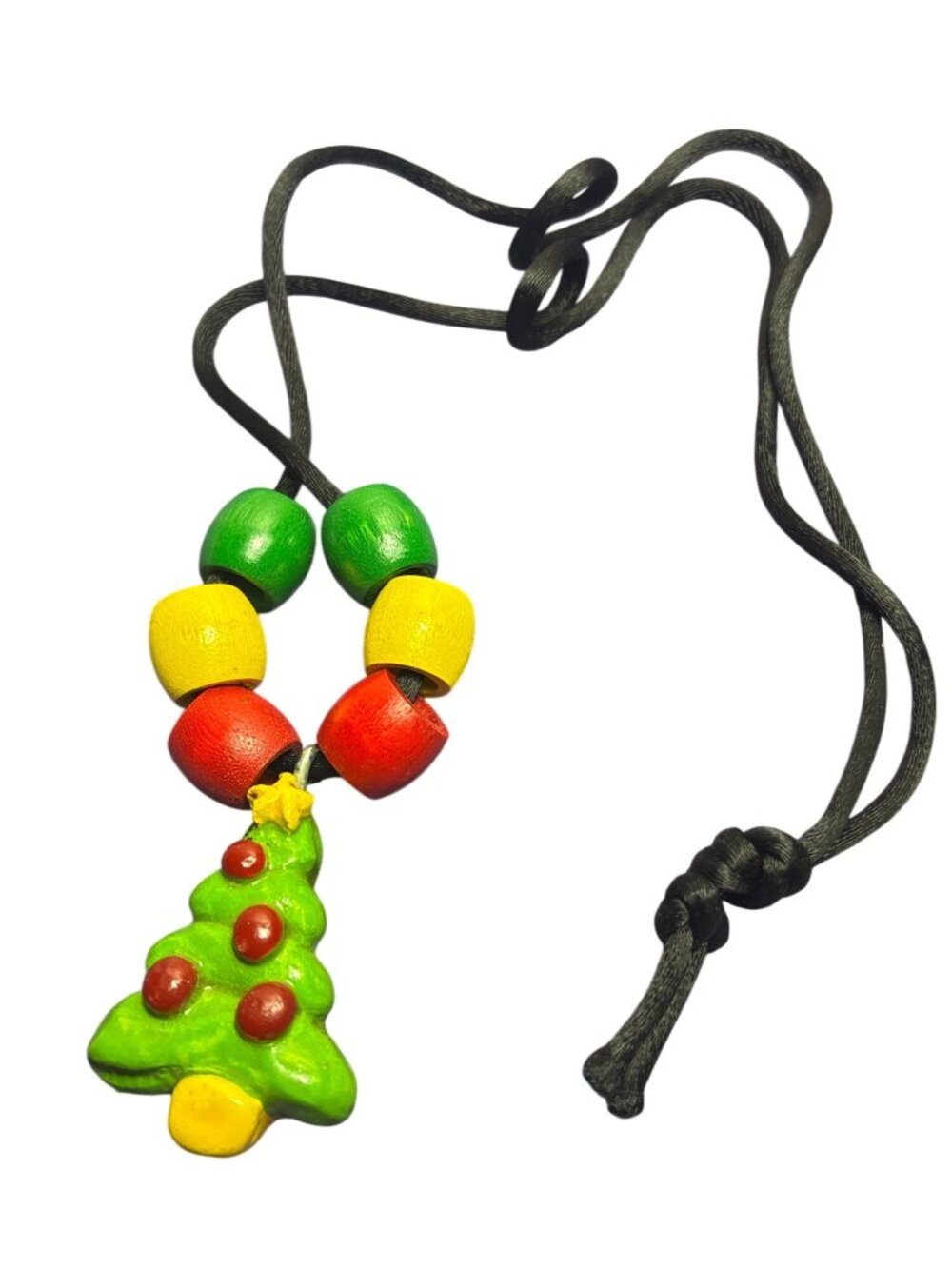 Wooden Beaded Hand Painted Christmas Tree Pendant Necklace Black Cord 26 inches